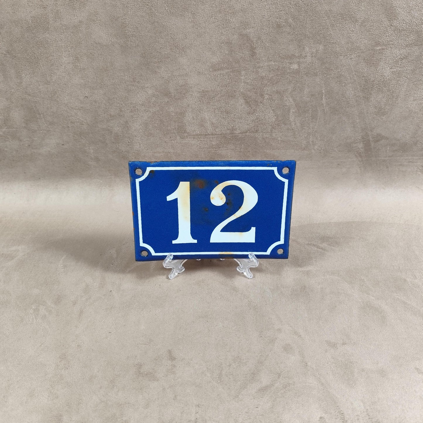 RARE Plaque de rue de ville Française Numéro 12 en tôle émaillée bleue, Made in France, Vintage 1950