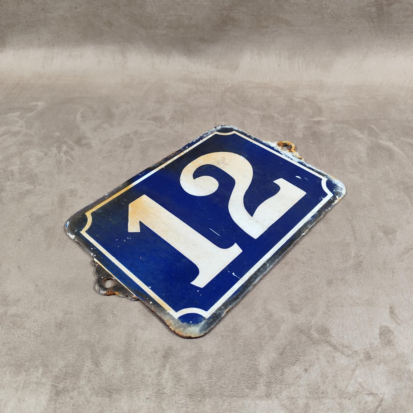 RARE Plaque de rue de ville Française Numéro 12 en tôle émaillée bleue, Made in France, Vintage 1900