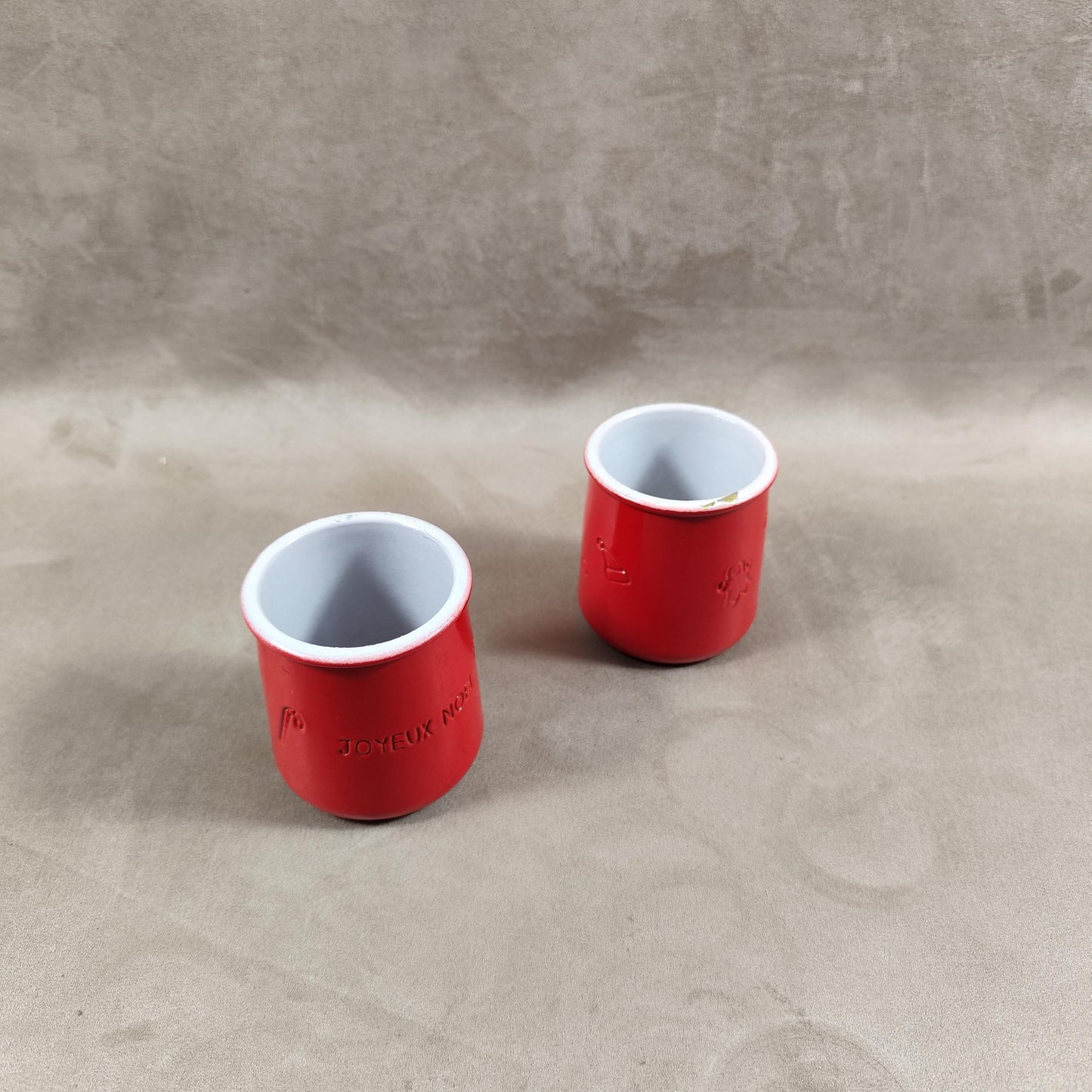 2 pot de yaourt La fermière "Joyeux Noel" en terre cuite émaillée rouge made in France vintage 1990