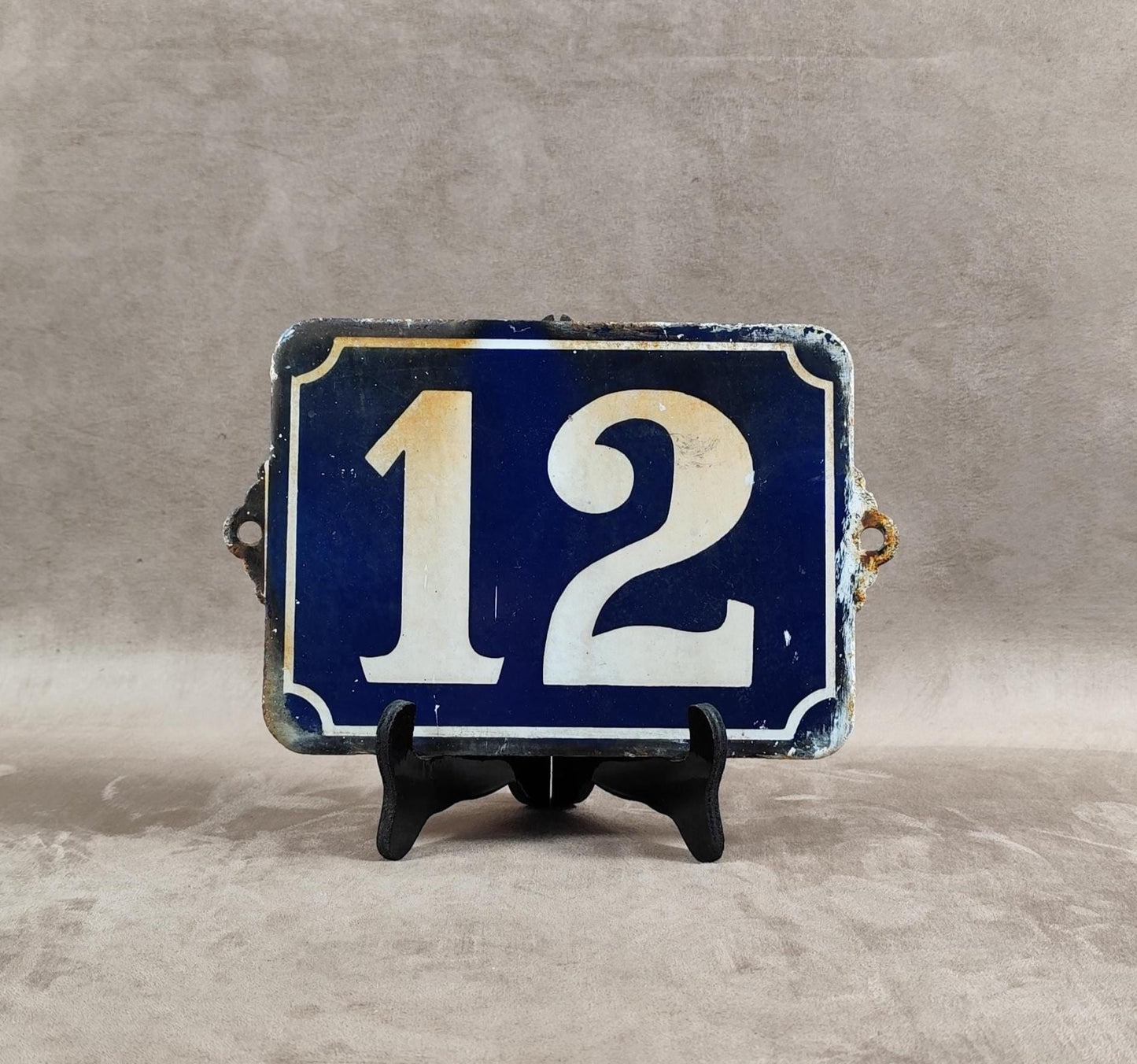 RARE Plaque de rue de ville Française Numéro 12 en tôle émaillée bleue, Made in France, Vintage 1900