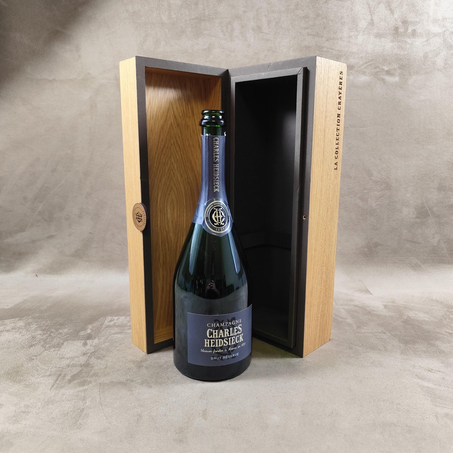 Caisse en bois pour bouteilles de champagne Charles Heidsieck Made in France Années 1980