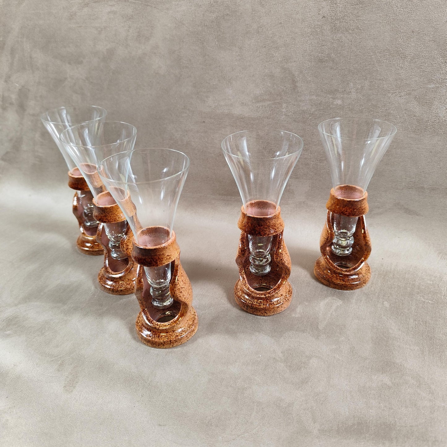 Lot de 5 flutes champagne en grès Francis DUMELIÉ Made in France Vintage 1970
