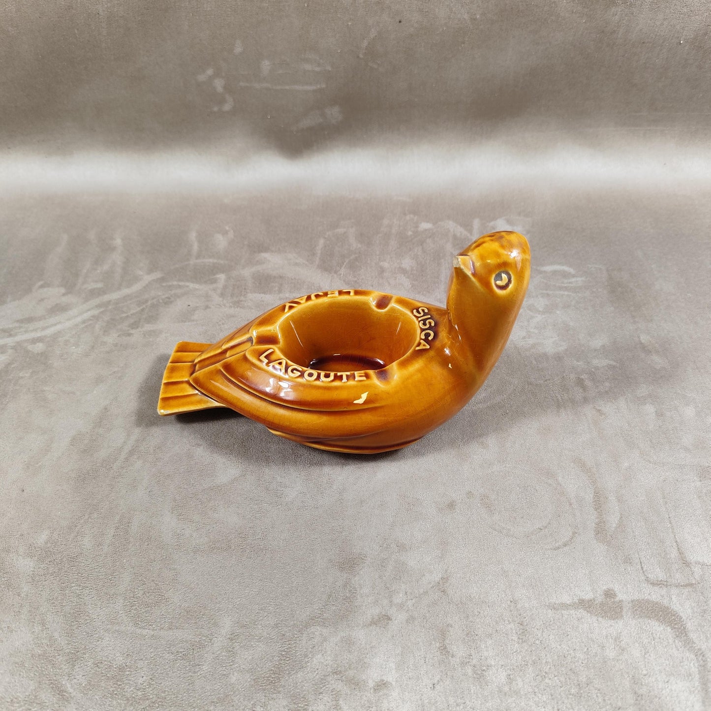 Cendrier Publicitaire Liqueur Sisca Lejay Lagoute en forme d'oiseau en faience Made in France Vintage 1970