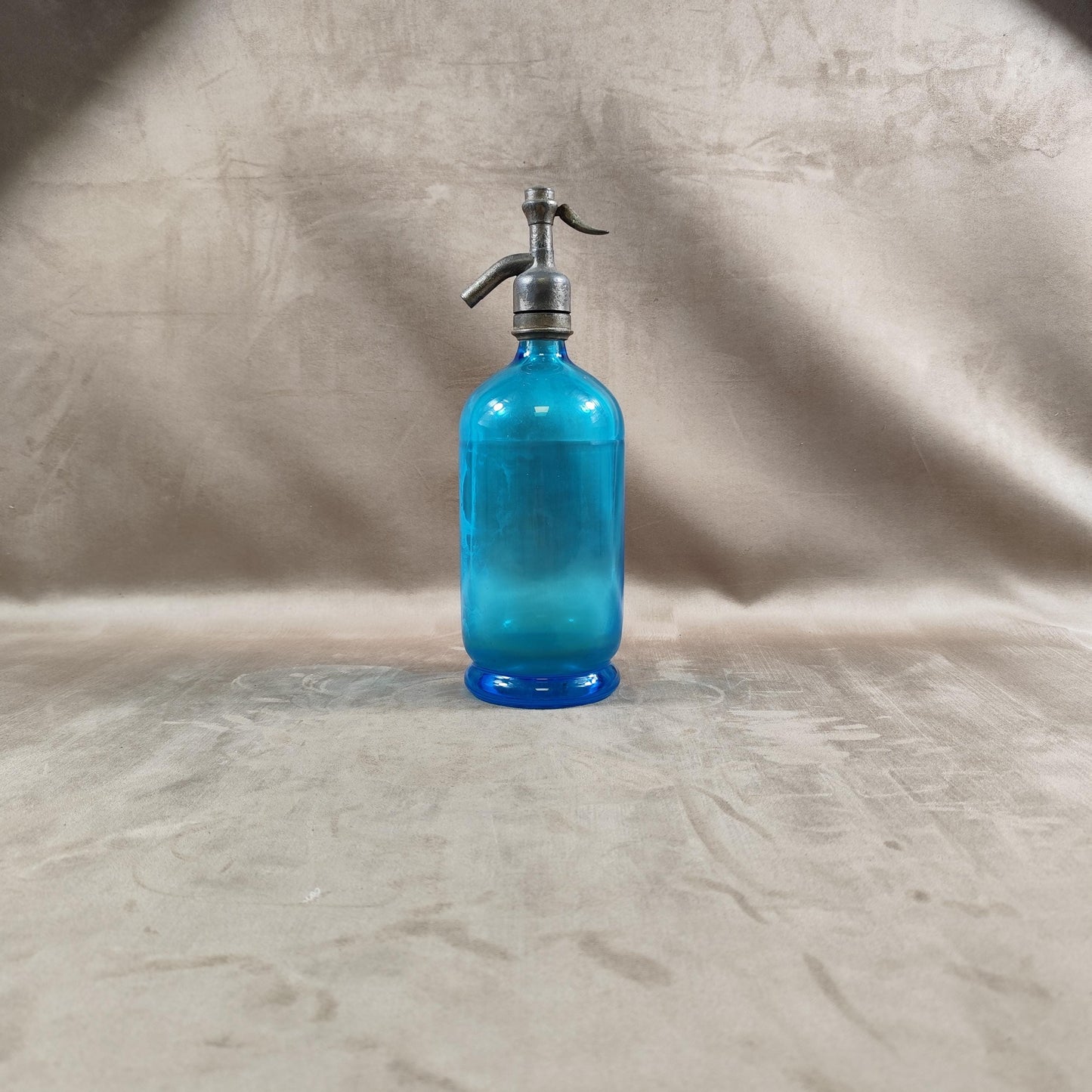 RARE Siphon à eau de seltz vintage en verre bleu Gazo-Siphon etain sans plomb Made in France 1920