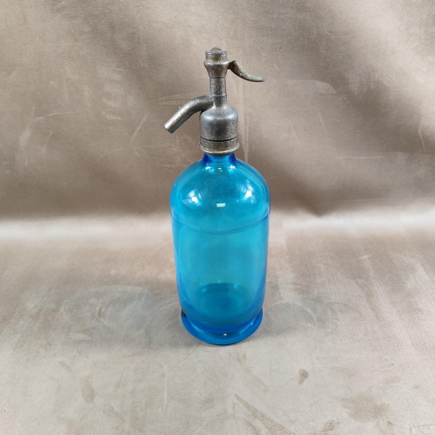 RARE Siphon à eau de seltz vintage en verre bleu Gazo-Siphon etain sans plomb Made in France 1920