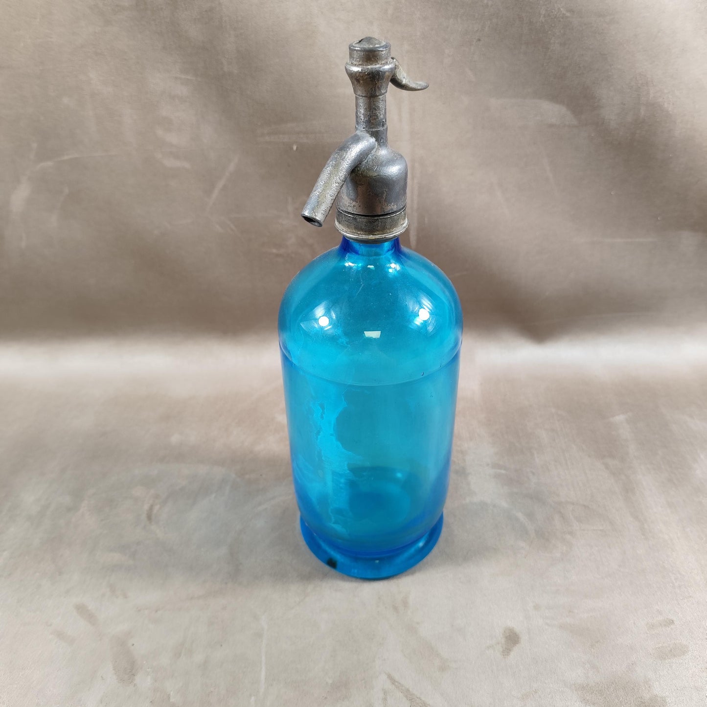 RARE Siphon à eau de seltz vintage en verre bleu Gazo-Siphon etain sans plomb Made in France 1920