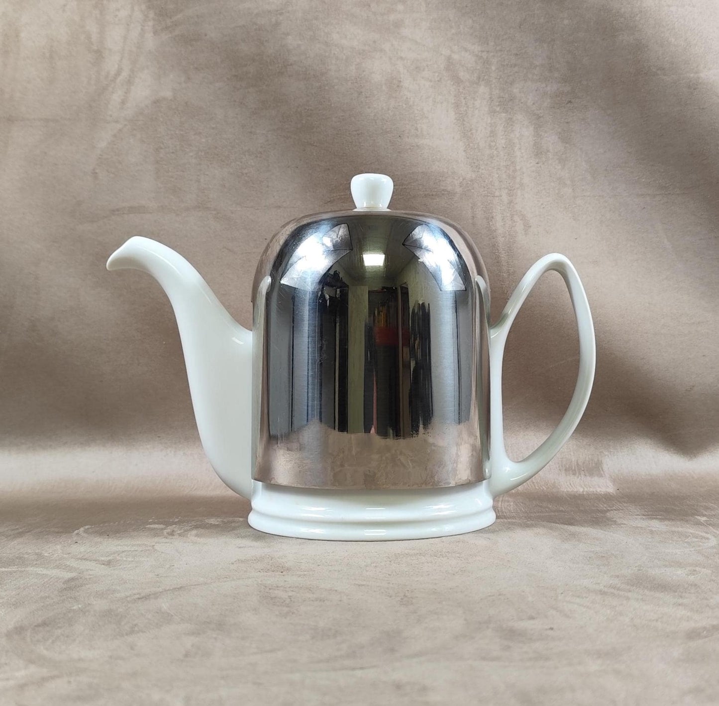 RARE Théière SALAM par Guy Degrenne en métal et céramique blanche Made in France Vintage 1980