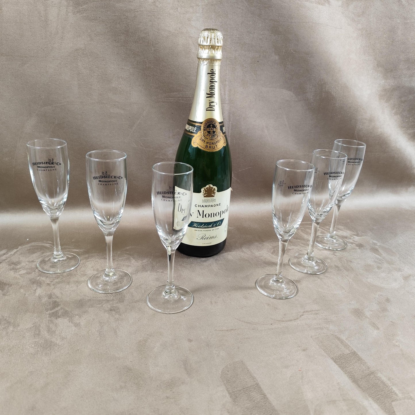 Lot de 6 flûtes à Champagne Heidsieck Monopole en verre Made in France Vintage 1990