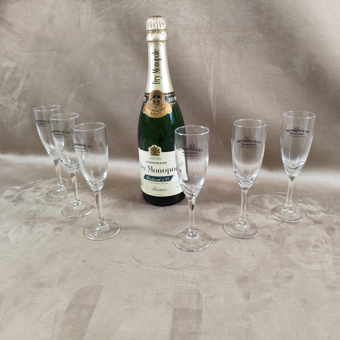 Lot de 6 flûtes à Champagne Heidsieck Monopole en verre Made in France Vintage 1990