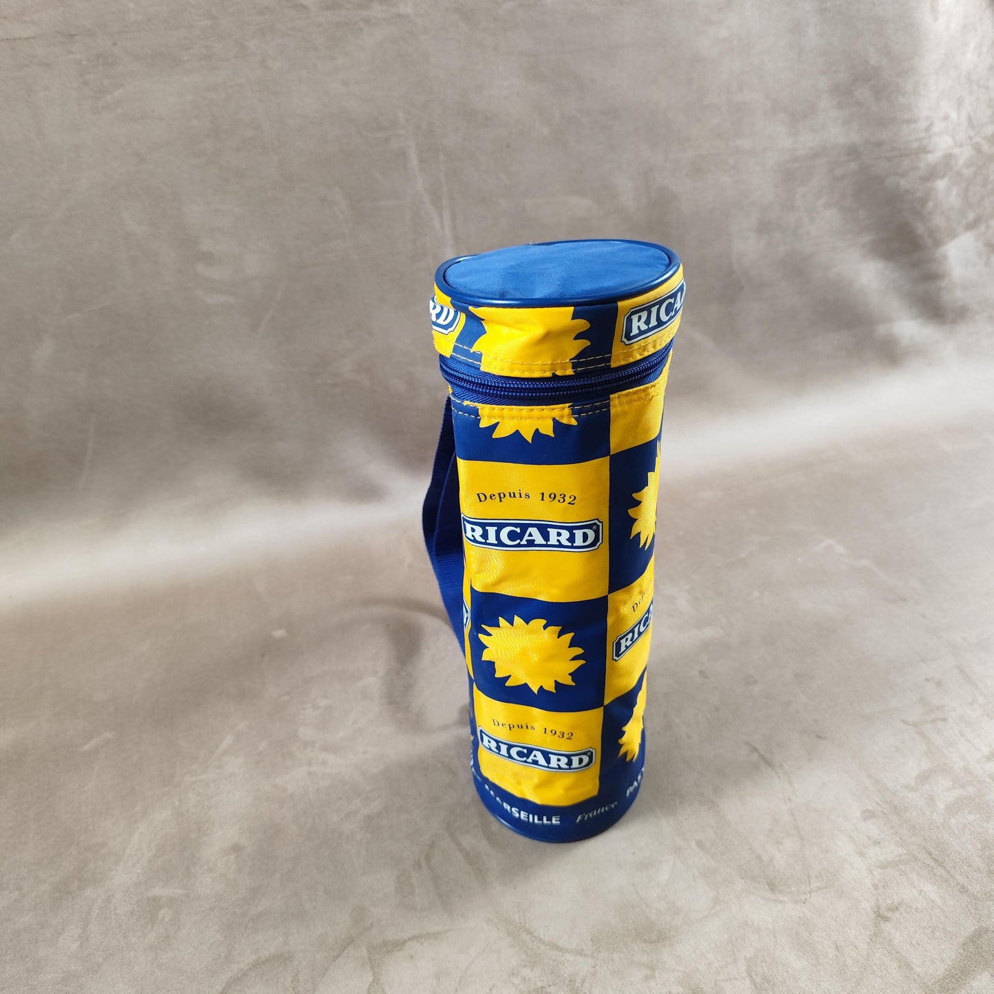 Etui pour bouteille RICARD en tissu bleu et jaune Made in France Vintage 1980