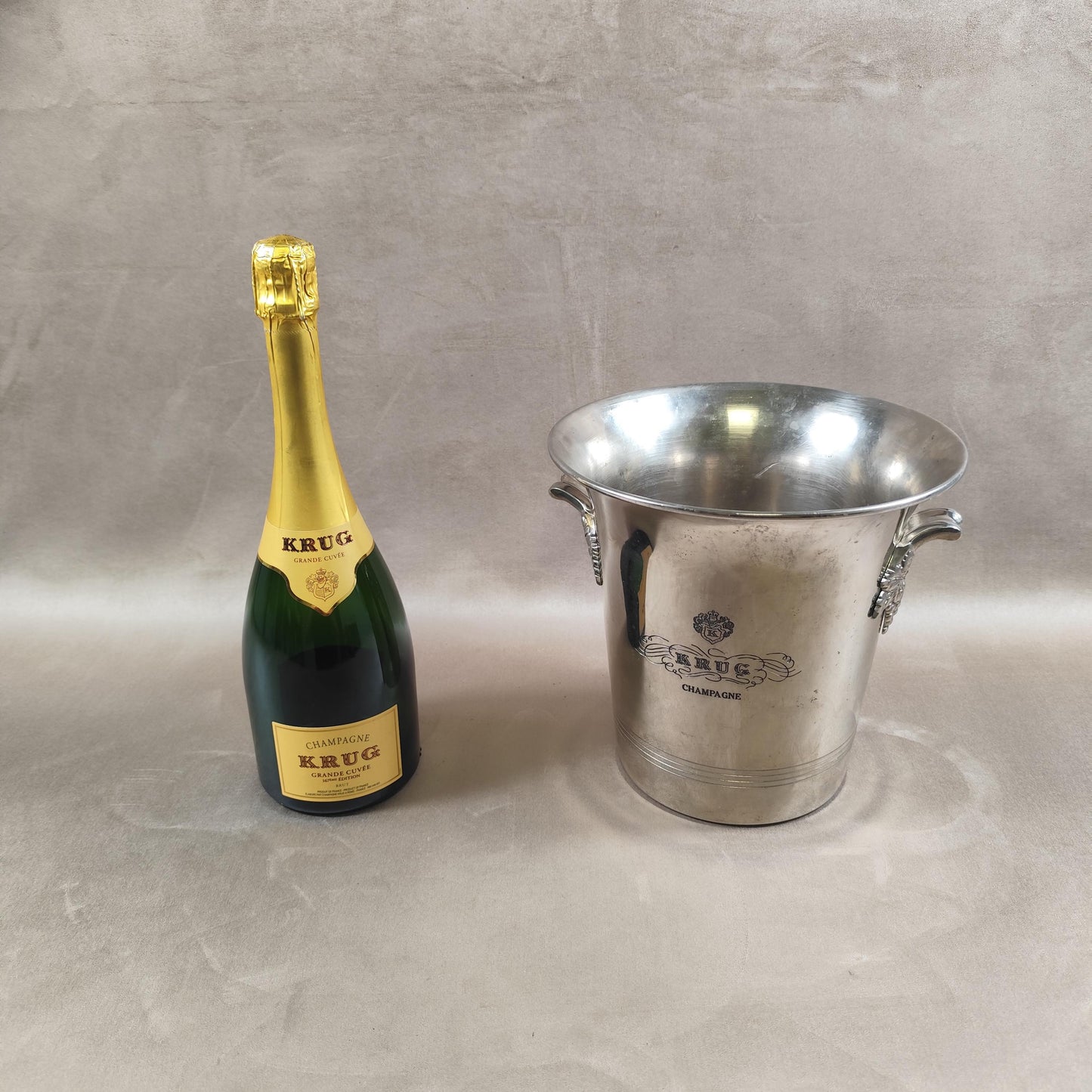 VERY RARE Seau à Champagne Krug en métal argenté par Argit Made in France Vintage 1970
