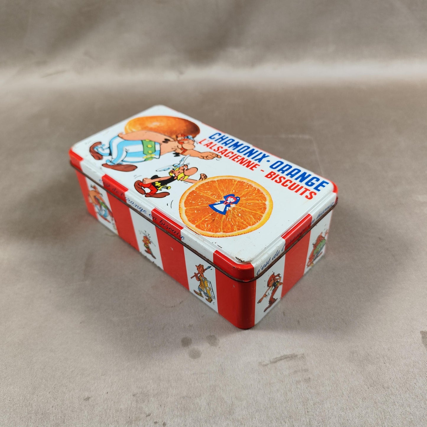 Boite à biscuits en tôle Astérix & Obélix Chamonix Orange Made in France Vintage 1970