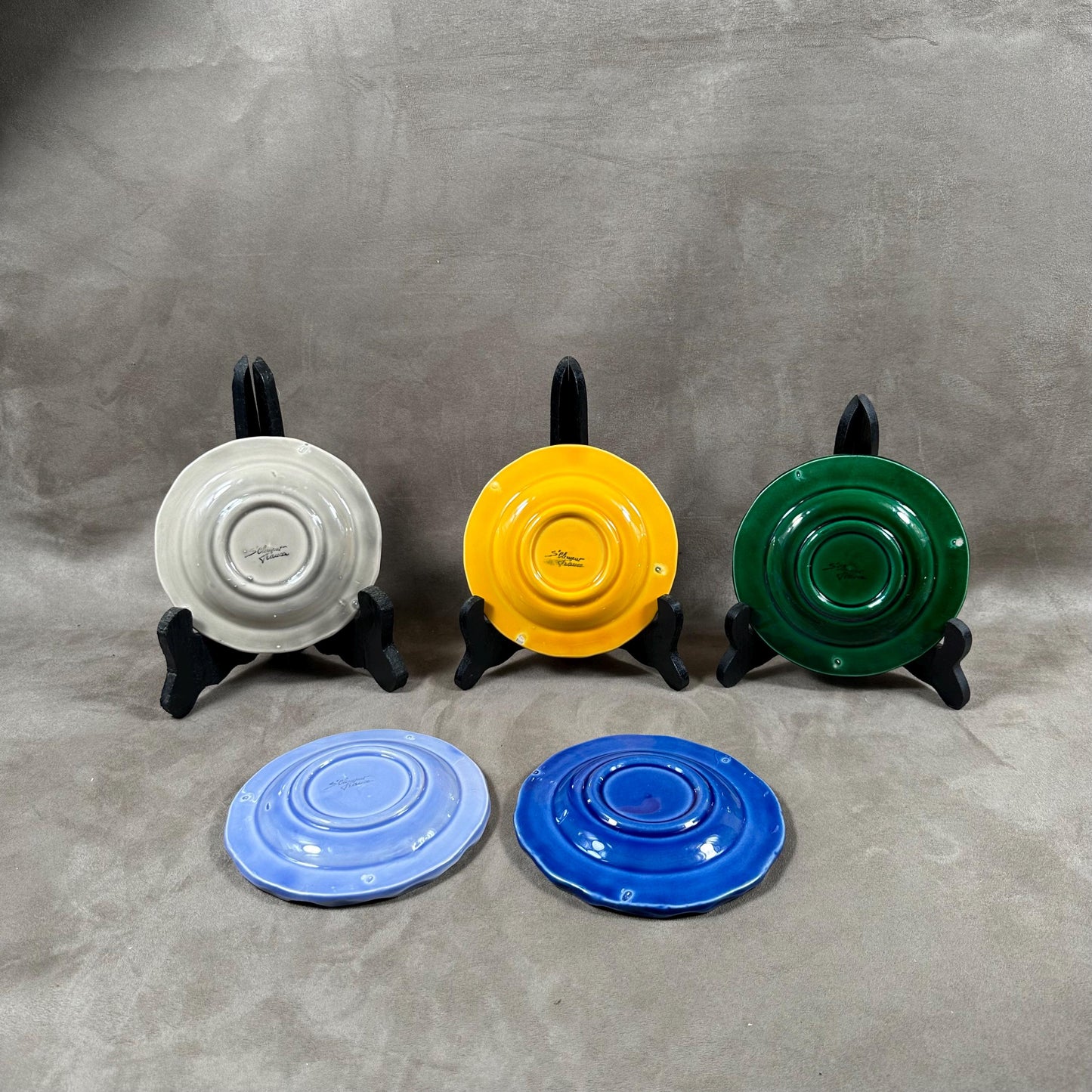 Set of 5 Ashtray Loto ashtray gray, green, navy blue, light blue and yellow National Lottery in earthenware from St Clément France vintage