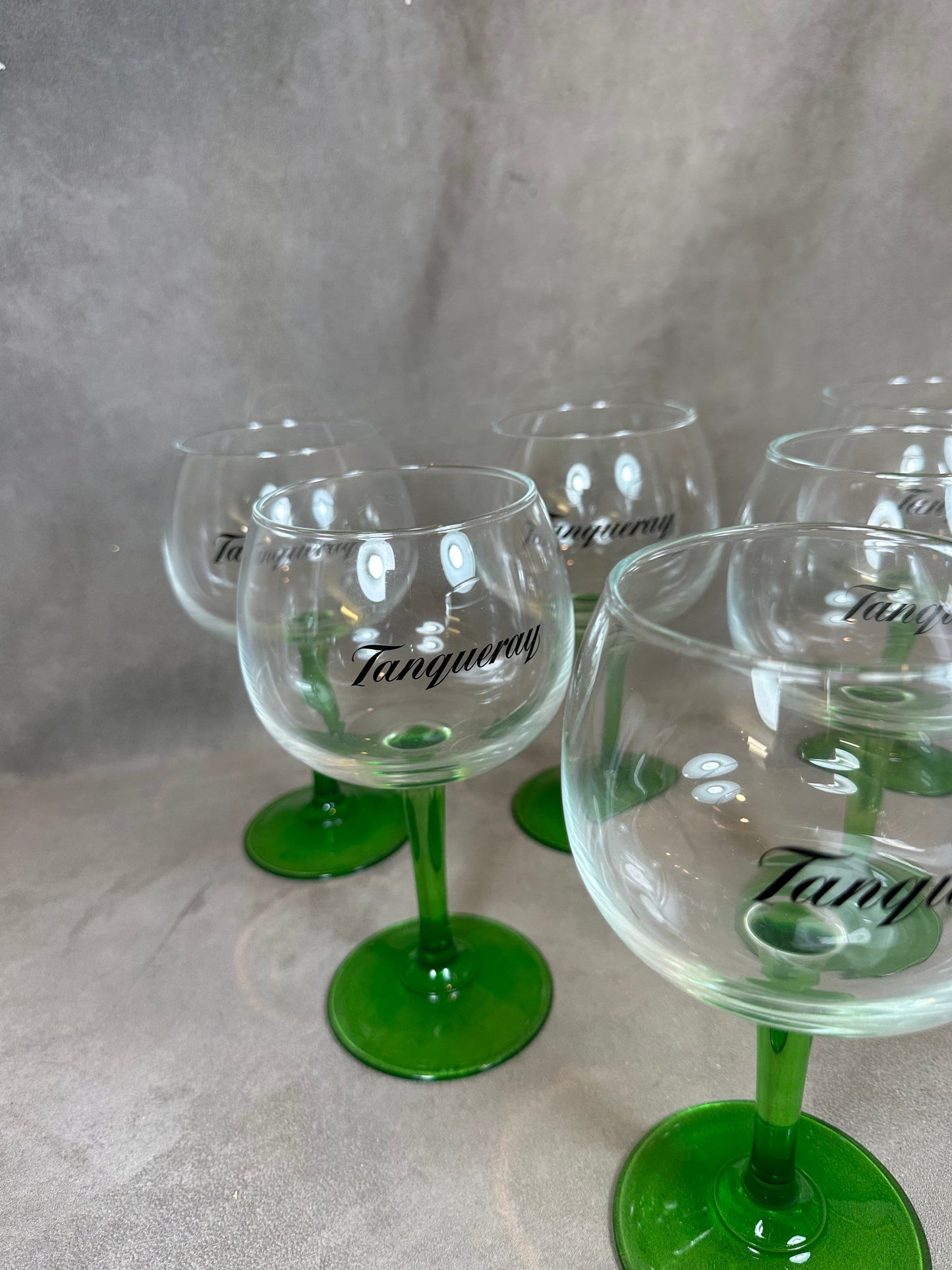 Set of 6 Vintage Tanqueray Gin Glasses with Green Stem Glass 1990s