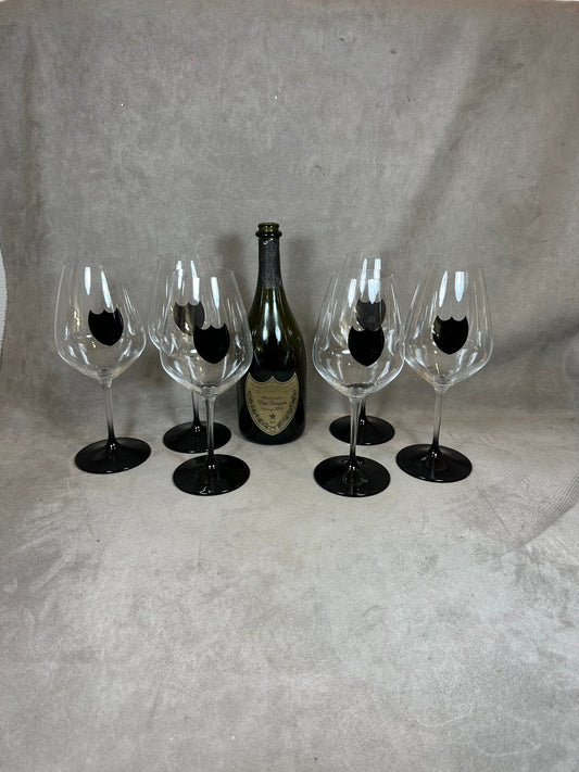 VERY RARE Set of 6 magnificent Riedel Champagne Dom Perignon crystal glasses with vintage black coat of arms decoration Made in France