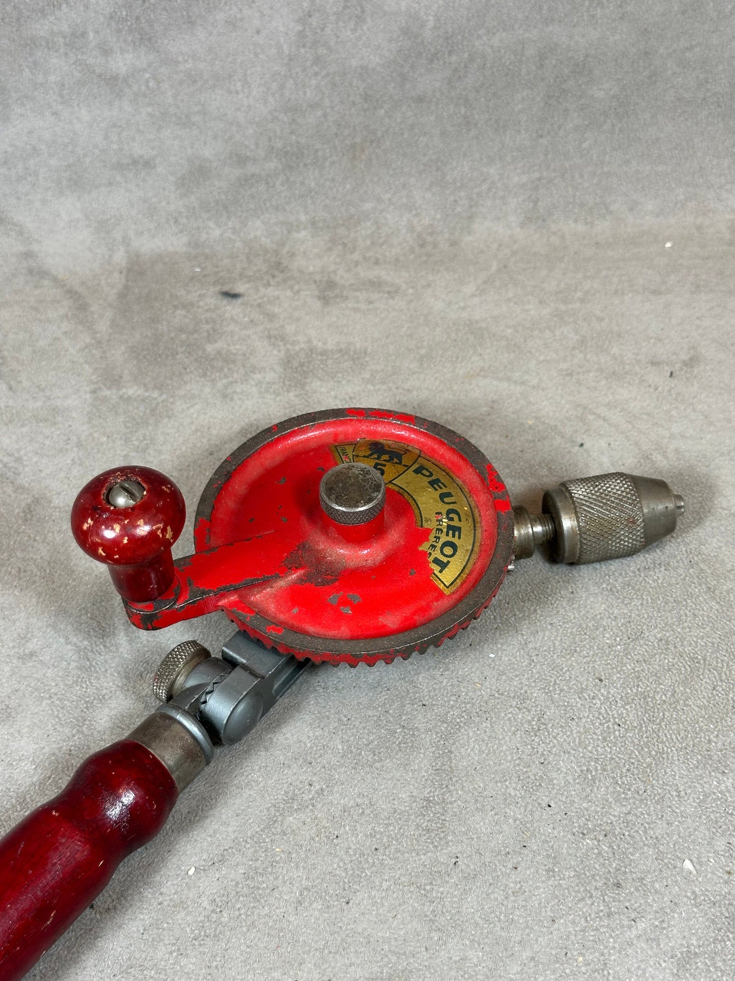 Peugeot Chignole Hand Drill in Metal and Vintage Red Wood Made in France 1900