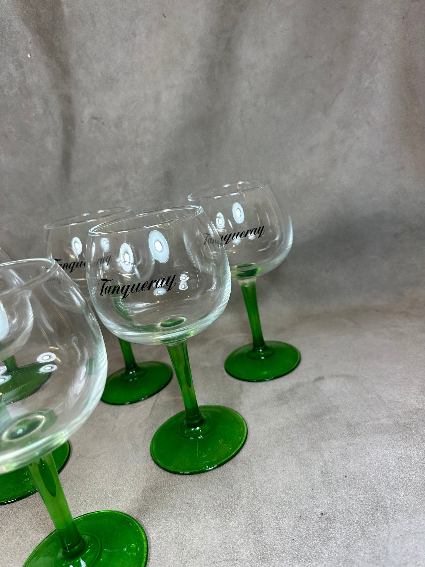 Set of 6 Vintage Tanqueray Gin Glasses with Green Stem Glass 1990s
