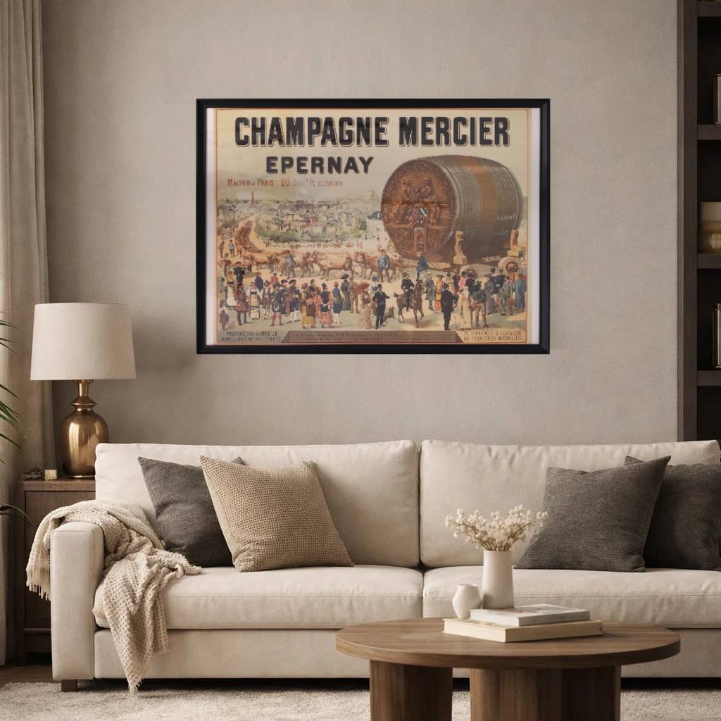 Affiche Champagne Mercier Épernay – Grand tonneau de l’Exposition Universelle de 1889 – Format 65 x 40 cm sans cadre
