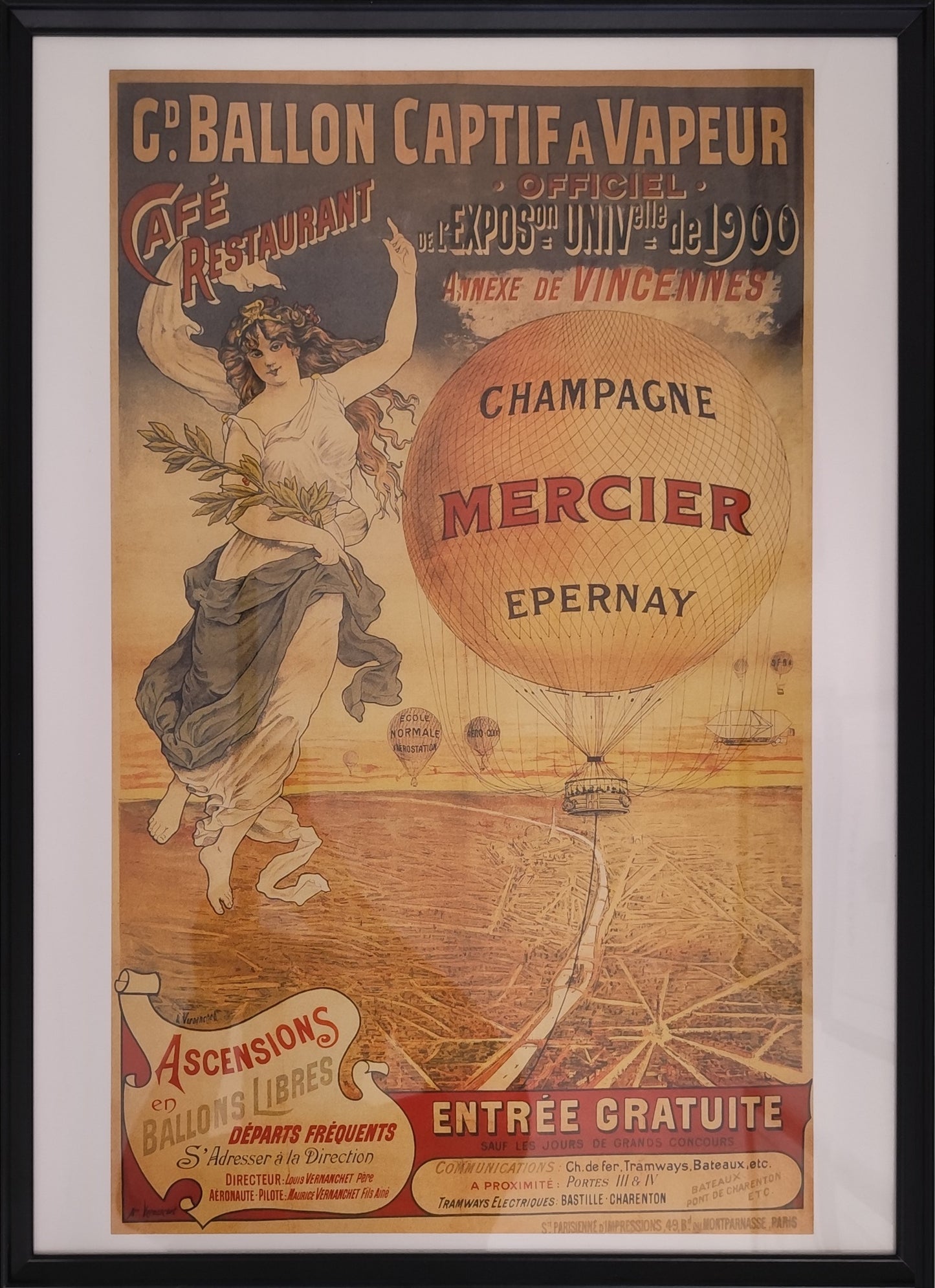 Affiche Champagne Mercier Épernay – Ballon captif Exposition Universelle 1900 – Format 65 x 40 cm sans cadre