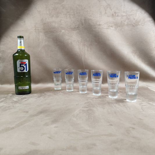 Set of 6 Pastis glasses Pastis 51 in vintage retro glass Made in France 1970s