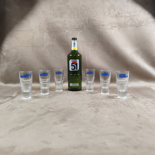 Set of 6 Pastis glasses Pastis 51 in vintage retro glass Made in France 1970s