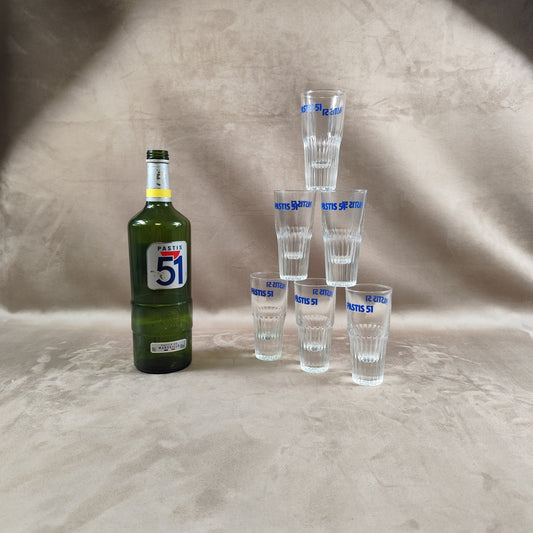 Set of 6 Pastis glasses Pastis 51 in vintage retro glass Made in France 1970s