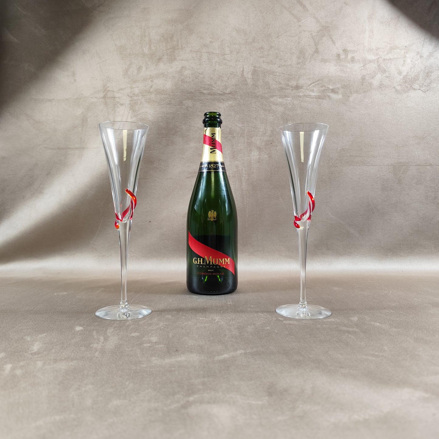 VERY RARE Lot de 2 flutes Champagne MUMM en verre de Murano fait main avec boite Made in France Vintage 1980