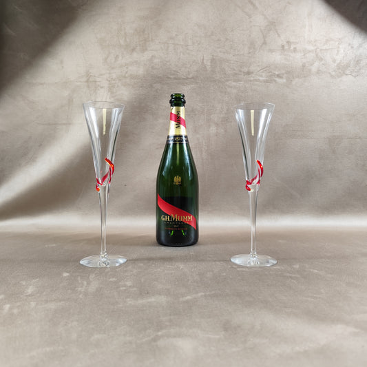VERY RARE Lot de 2 flutes Champagne MUMM en verre de Murano fait main avec boite Made in France Vintage 1980