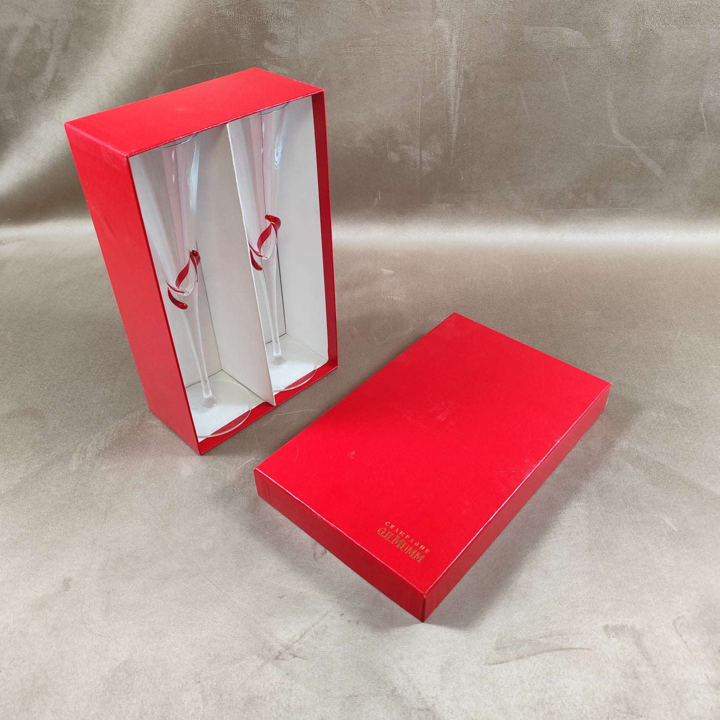 VERY RARE Lot de 2 flutes Champagne MUMM en verre de Murano fait main avec boite Made in France Vintage 1980