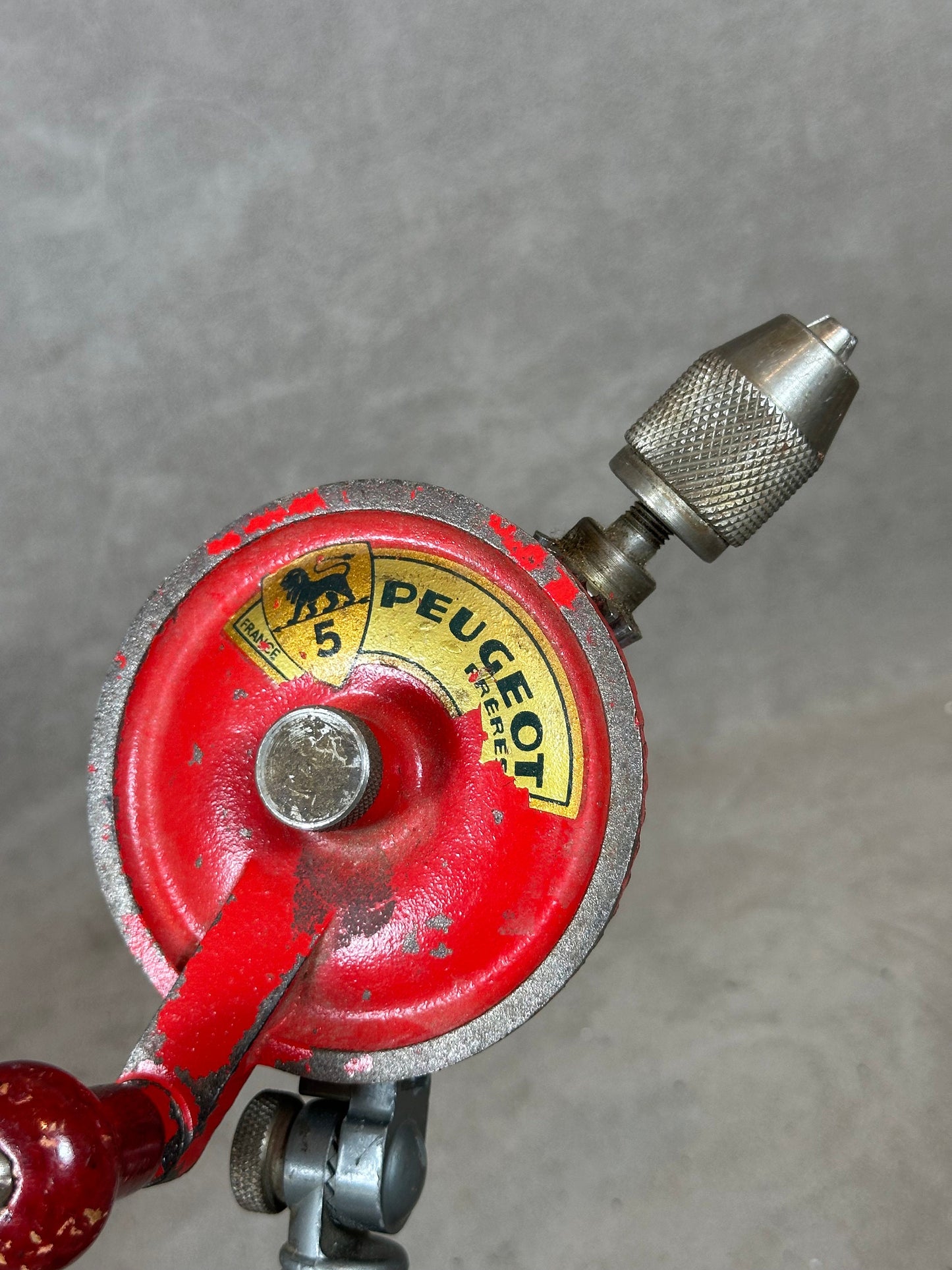 Peugeot Chignole Hand Drill in Metal and Vintage Red Wood Made in France 1900