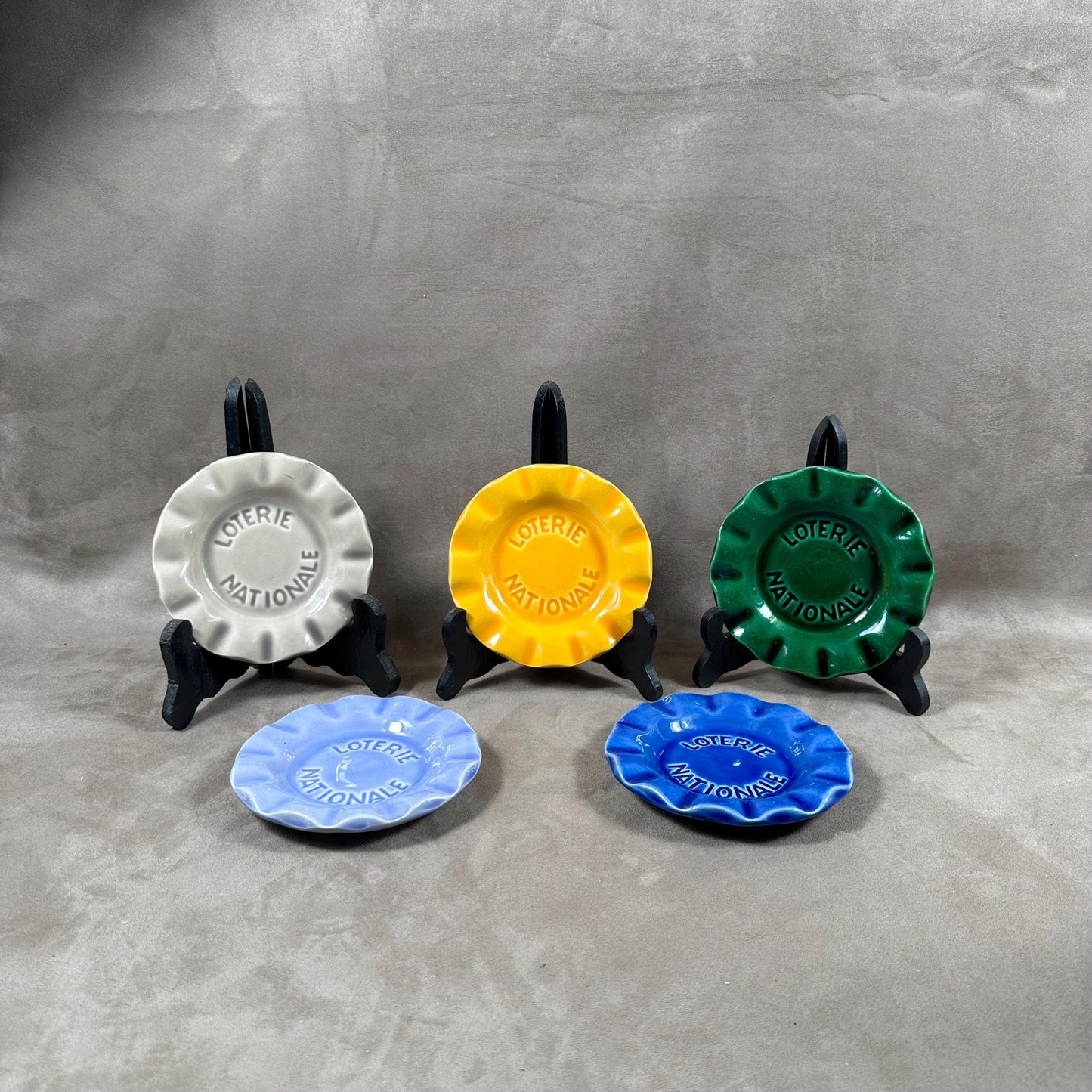 Set of 5 Ashtray Loto ashtray gray, green, navy blue, light blue and yellow National Lottery in earthenware from St Clément France vintage