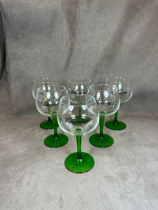 Set of 6 Vintage Tanqueray Gin Glasses with Green Stem Glass 1990s