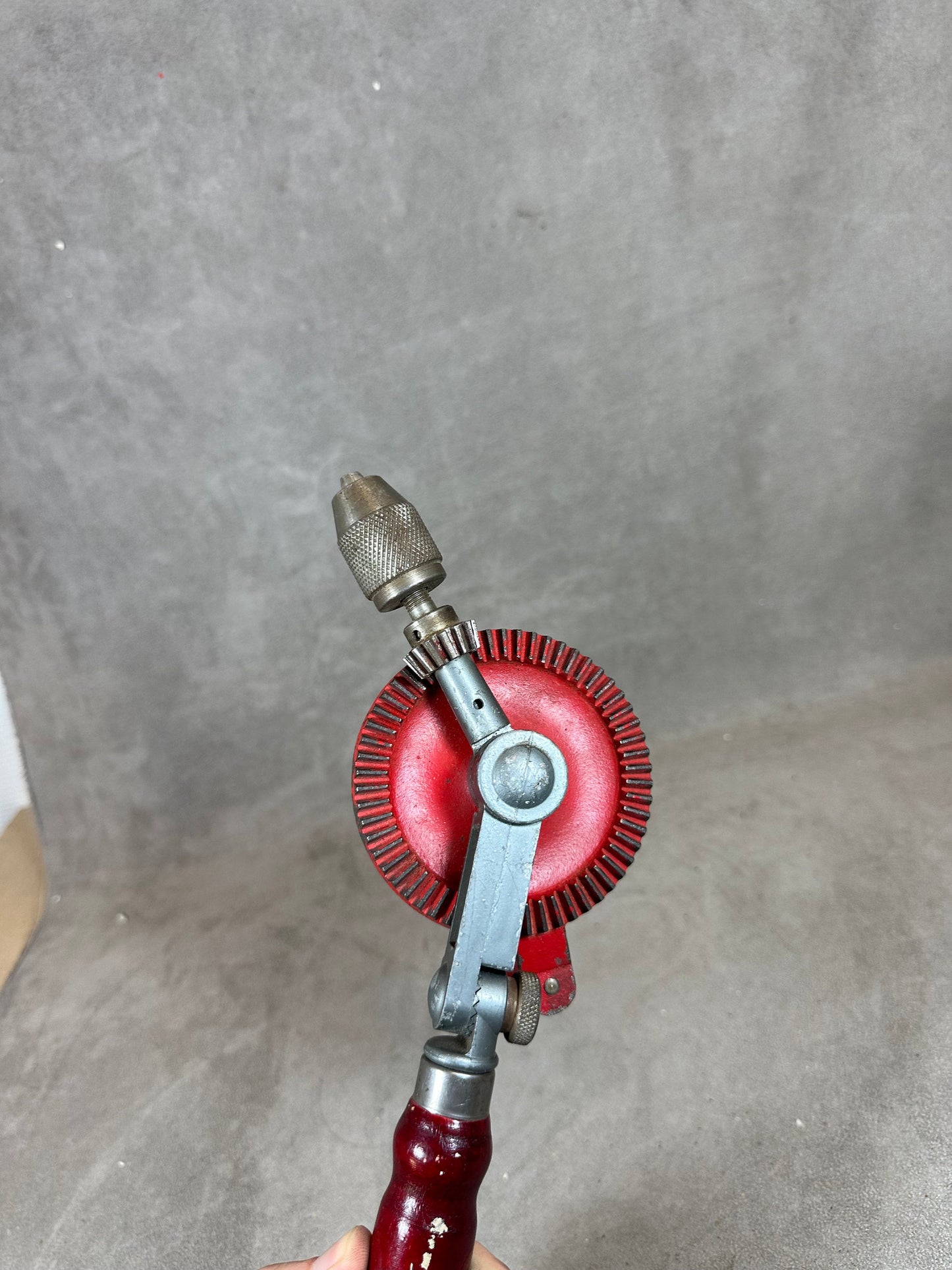 Peugeot Chignole Hand Drill in Metal and Vintage Red Wood Made in France 1900