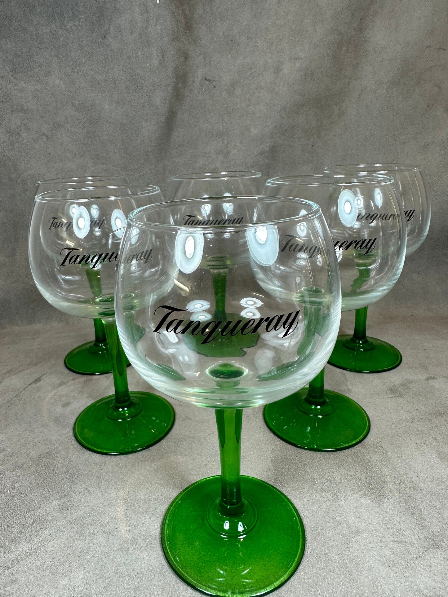 Set of 6 Vintage Tanqueray Gin Glasses with Green Stem Glass 1990s