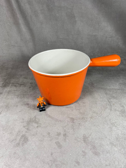 Le Creuset orange enameled cast iron fondue pot with vintage handle made in France