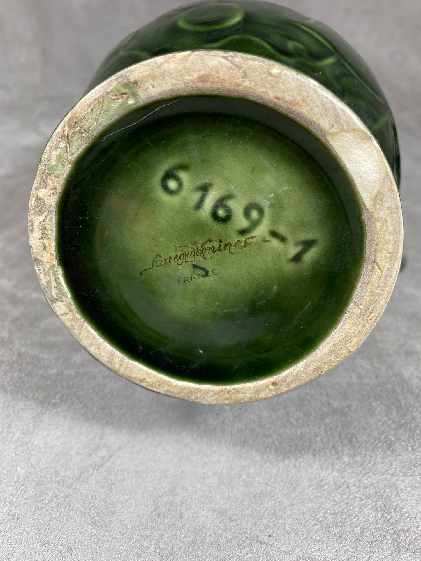 Vintage Sarreguemines earthenware green pitcher Made in France 1920s