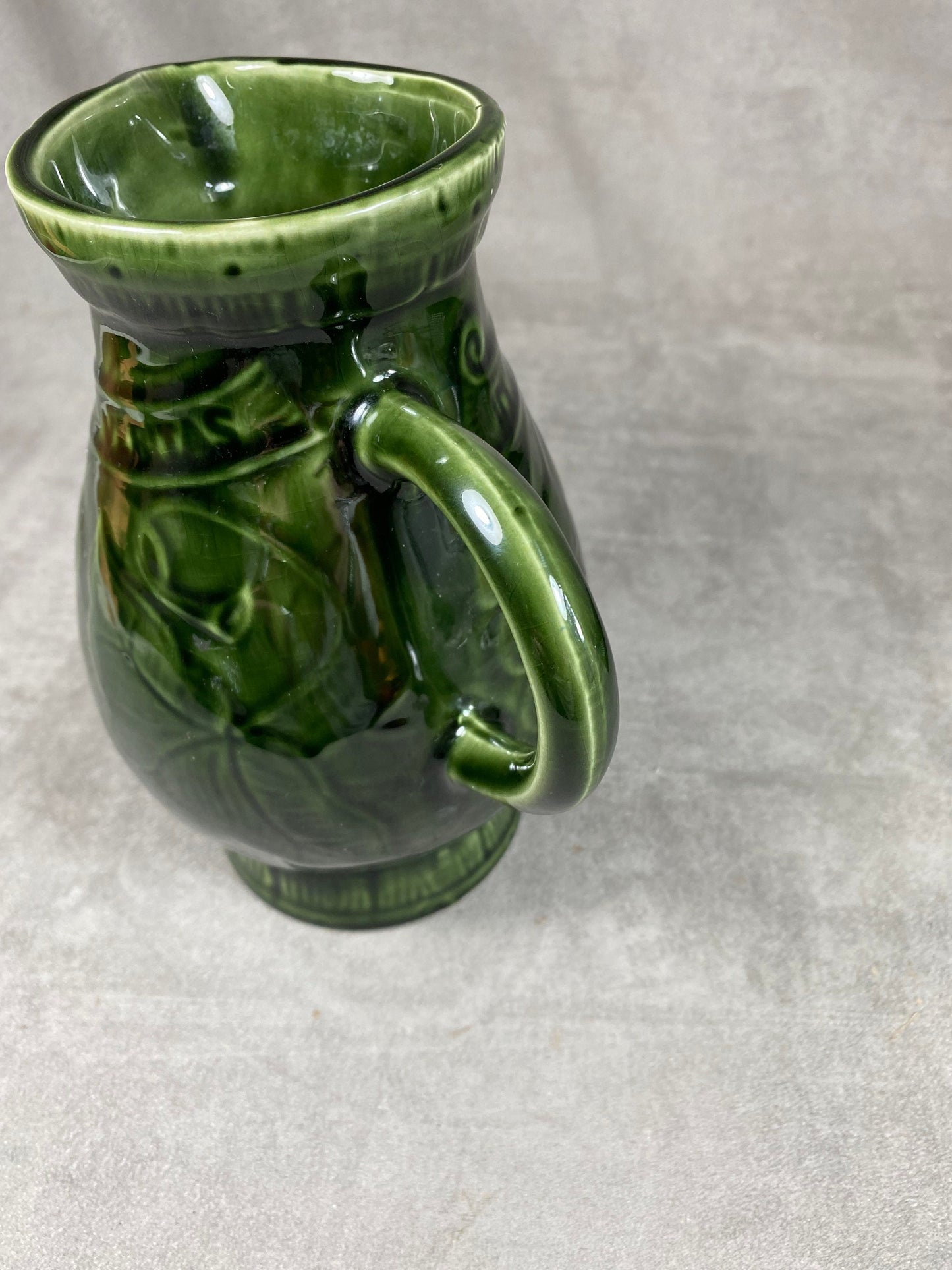 Vintage Sarreguemines earthenware green pitcher Made in France 1920s