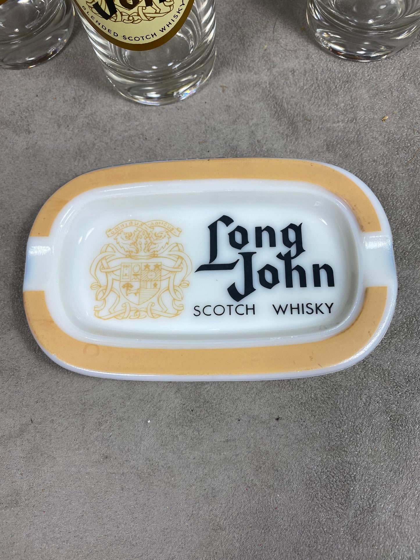 Long John Scotch Whisky Set including 6 glasses and 1 vintage glass ashtray made in France 1980s