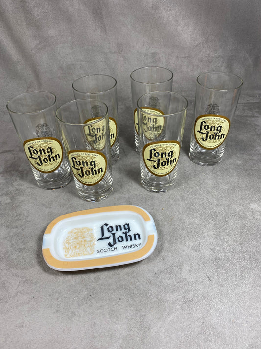 Long John Scotch Whisky Set including 6 glasses and 1 vintage glass ashtray made in France 1980s