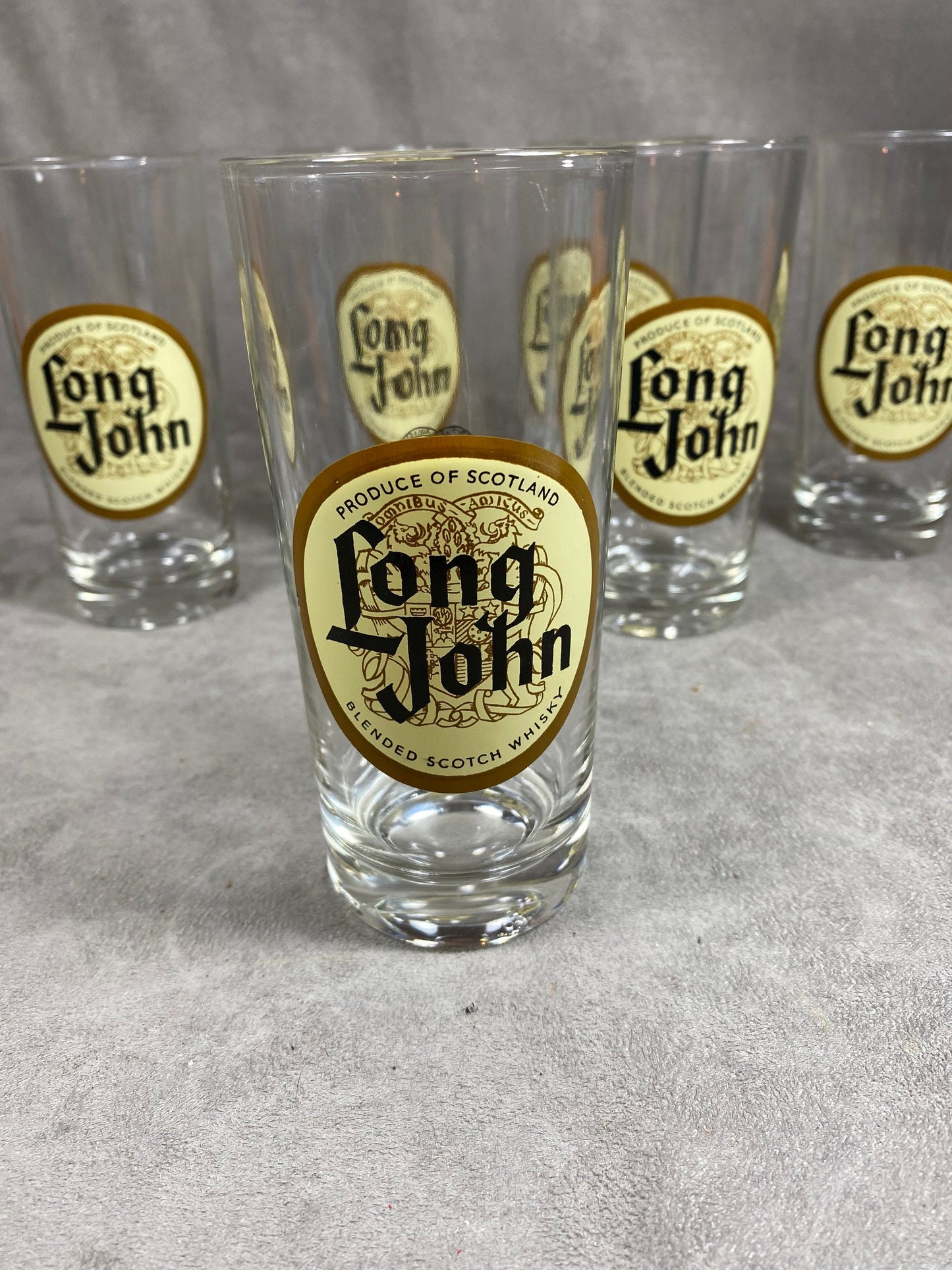 Long John Scotch Whisky Set including 6 glasses and 1 vintage glass ashtray made in France 1980s