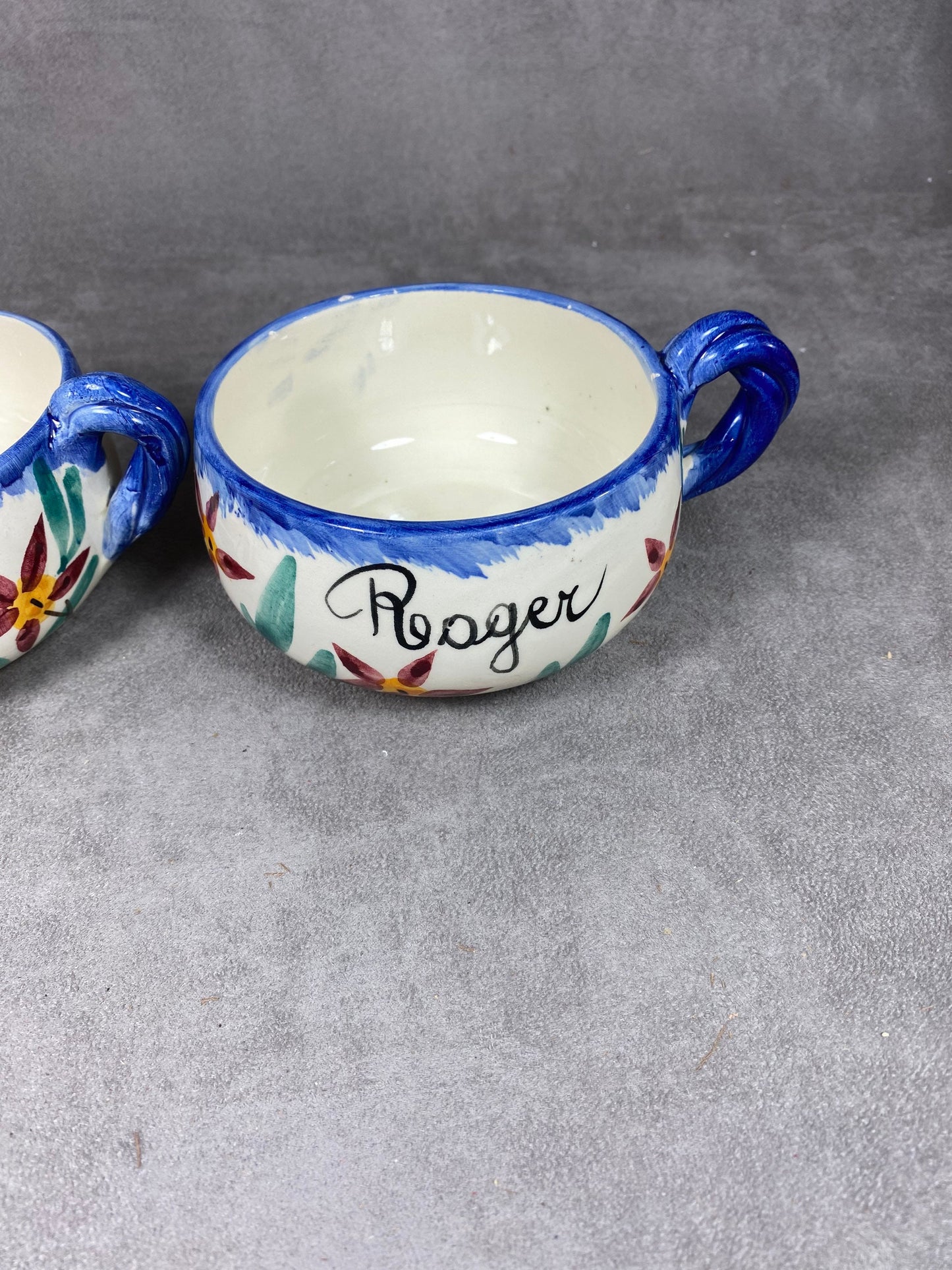 Set of 2 Vallauris earthenware cups with 2 first names Roger and Odette vintage Made in France