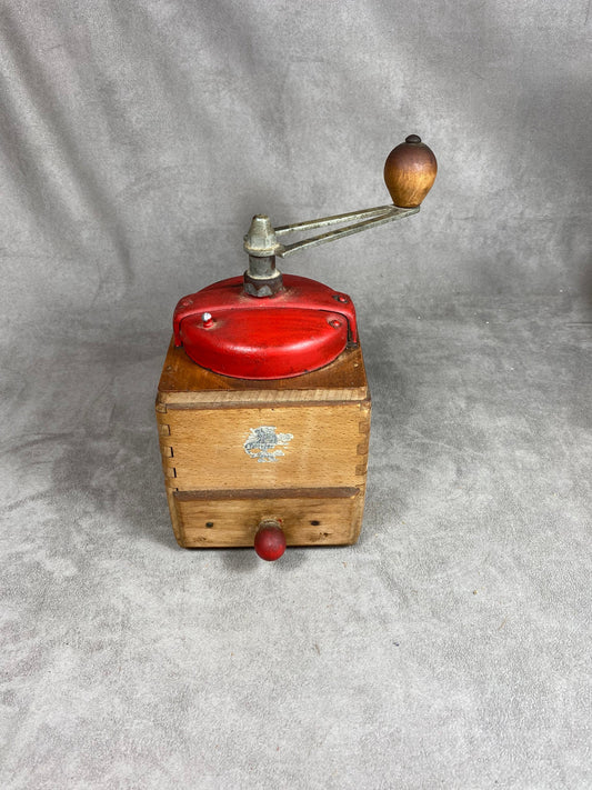 Peugeot Frères red sheet metal and wood coffee grinder EX model dated between 1947 and 1960 Shabby chic Made in France