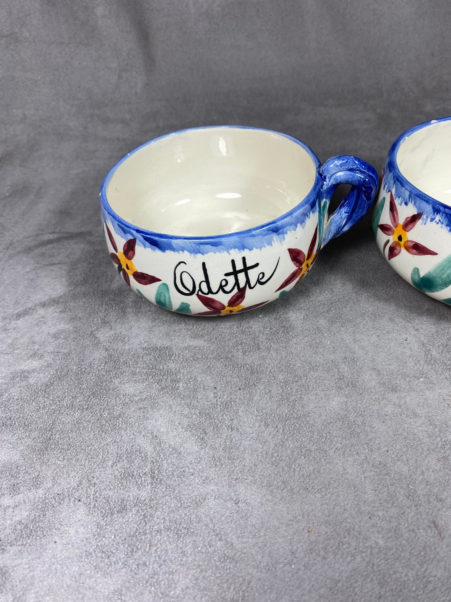 Set of 2 Vallauris earthenware cups with 2 first names Roger and Odette vintage Made in France