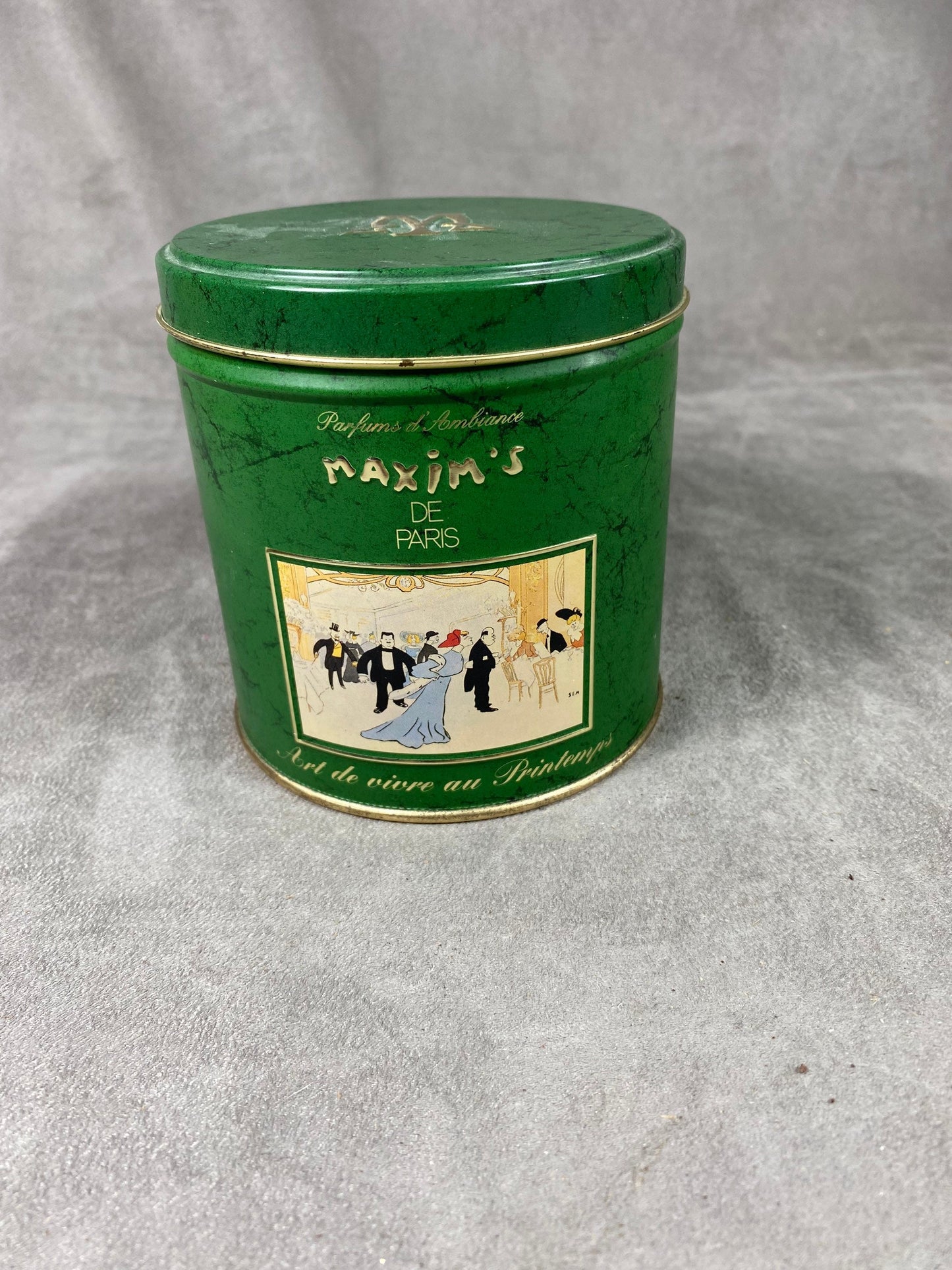 Empty green aluminum box for Maxim's de Paris scented candle 1970s