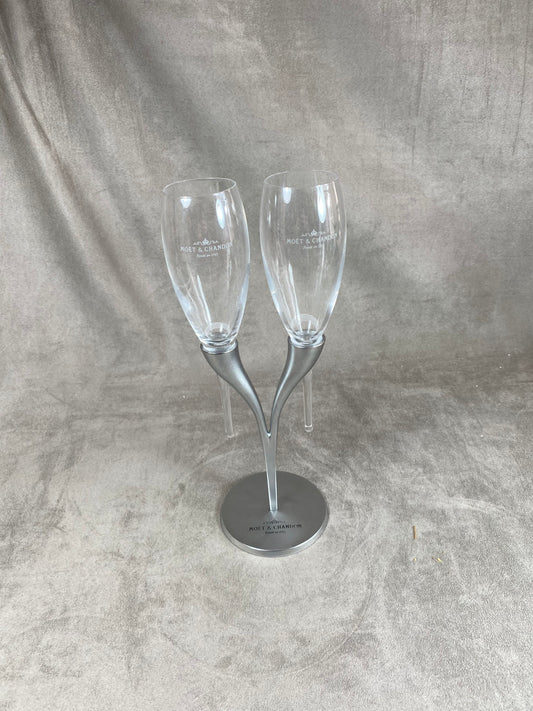 RARE Toi &amp; Moi of two Moet et Chandon champagne glasses in vintage glass and metal Made in France by Philippe Di Méo Reso Design