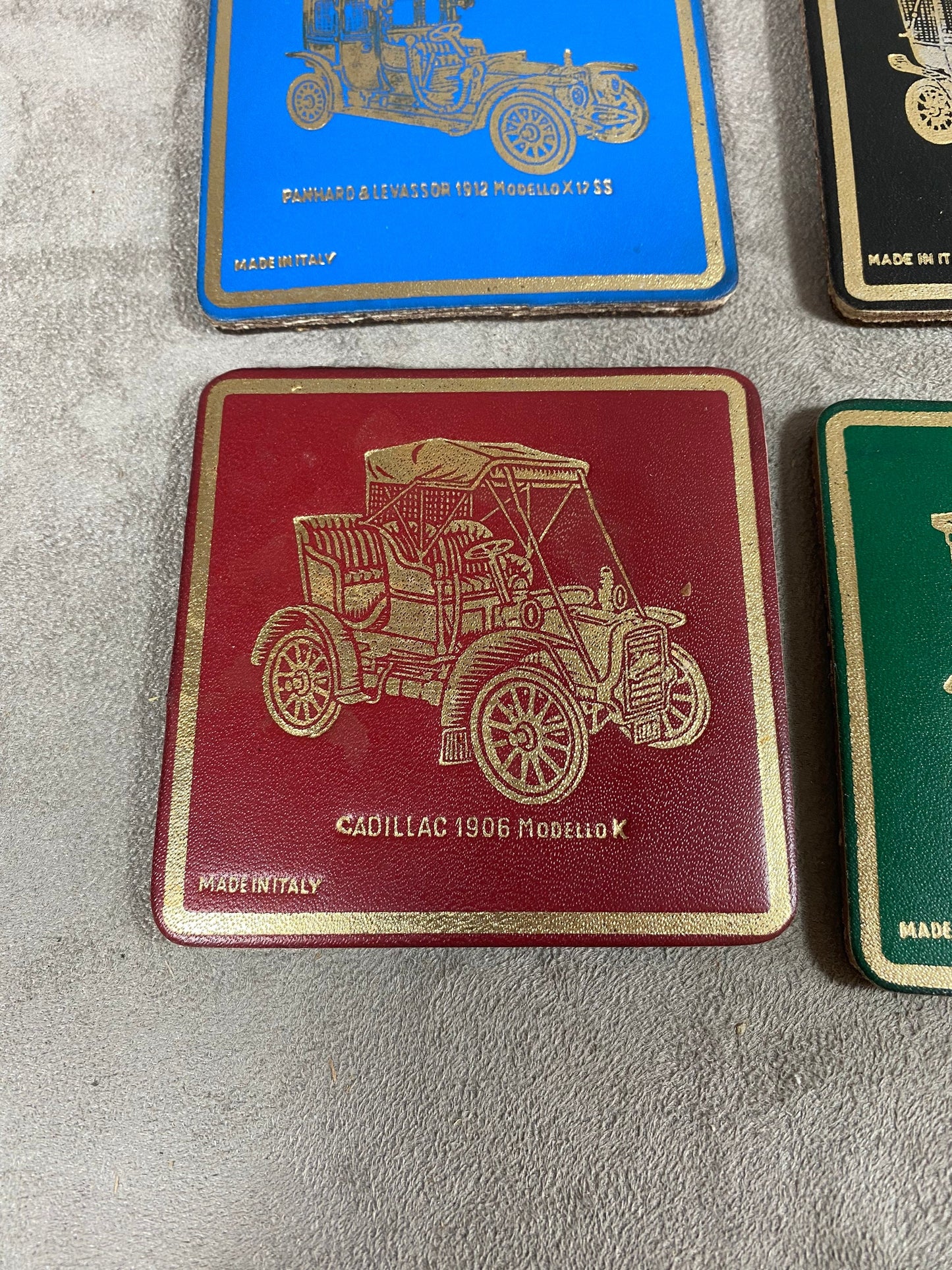 Set of 4 coasters with vintage car decoration Renault 1910 Italia 1912 Panhard Rambler in cork Made in Italy Circa 1960
