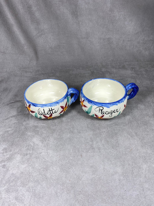 Set of 2 Vallauris earthenware cups with 2 first names Roger and Odette vintage Made in France