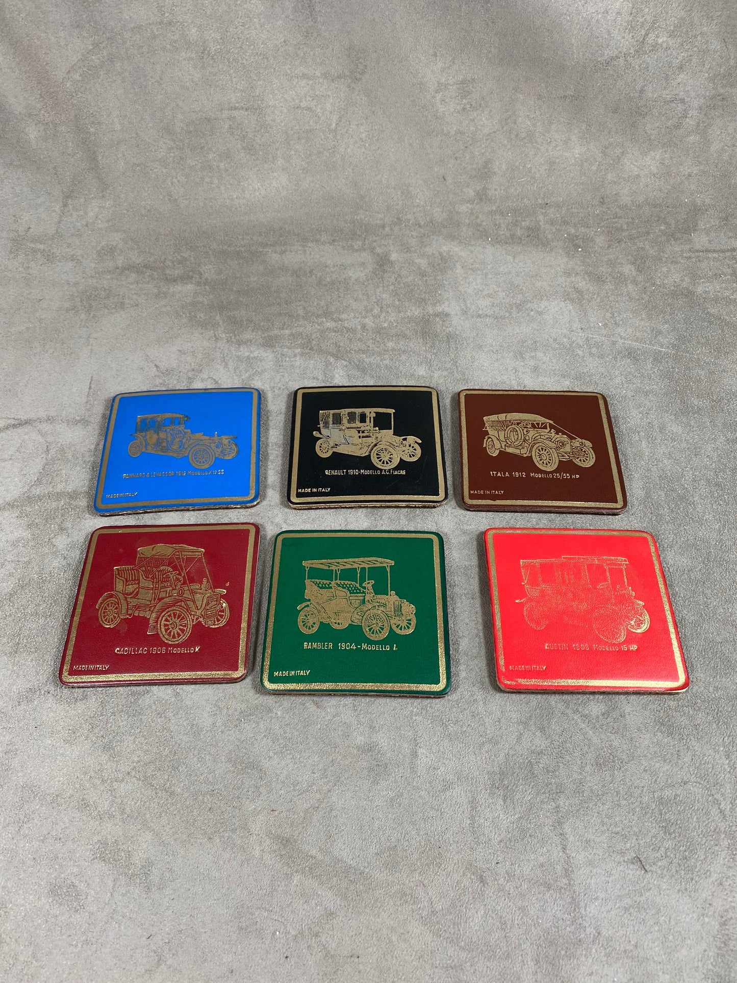 Set of 4 coasters with vintage car decoration Renault 1910 Italia 1912 Panhard Rambler in cork Made in Italy Circa 1960