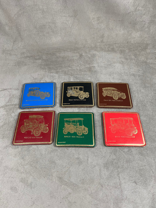 Set of 4 coasters with vintage car decoration Renault 1910 Italia 1912 Panhard Rambler in cork Made in Italy Circa 1960