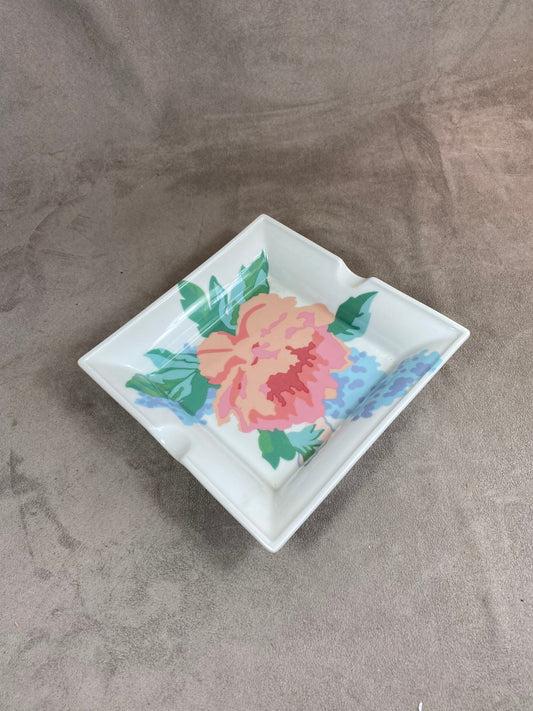 Geneviève Lethu Limoges porcelain ashtray with vintage flower decoration made in France 1980s